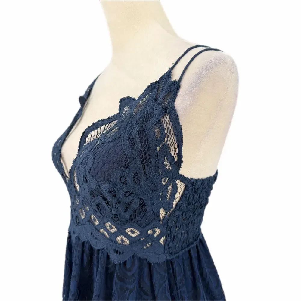 Free People FP One Adella Slip Navy Blue Lace Crochet Strappy Boho Mini Dress